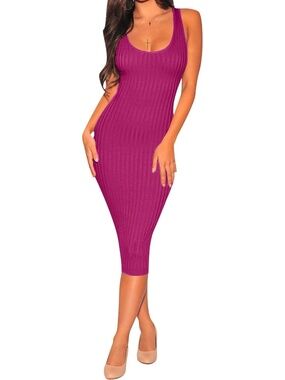 Women's A-rose Scoop Neck Sleeveless Ribbed Knit Casual Bodycon Midi Dresses
